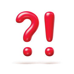 Red question and exclamation signs realistic 3d symbols. Glossy exclamation and question punctuation marks, attention signals three-dimensional rendering vector illustration