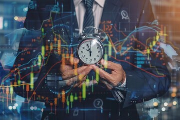 Fototapeta premium A businessman in suit with clock showing concept of digital marketing trading chart