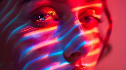 Retrato de una mujer con luz neon sobre la cara