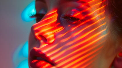 Retrato de una mujer con luz neon sobre la cara