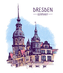 Vector illustration of architectural sketch of historic building. Colorful urban landscape of Dresden Castle, Germany. Digital drawing by hand. Hand-drawn travel postcard, banner, poster.