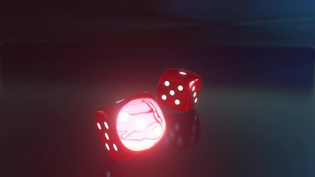 Two red dice rolling on the floor with black background and stop. 3D render 4k