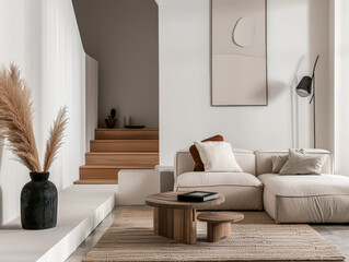 Chic minimalist interiors with elegant furniture and natural window lighting. Interior design composition with minimal furniture.