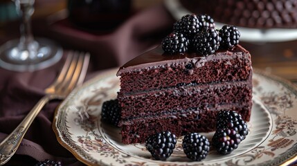 Luxurious close-up of dark, rich devil's food cake with blackberries, on a vintage plate, wine...