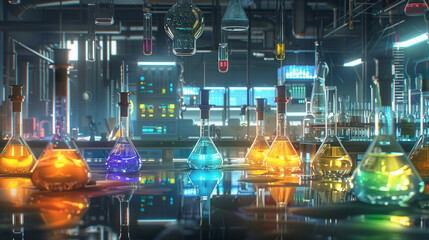 Colorful Glowing Science Lab Flasks in Neon Light Laboratory