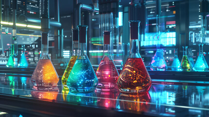 Colorful Glowing Science Lab Flasks in Neon Light Laboratory