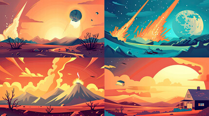 Natural disaster concept 4 flat icons square composition banner with meteorite and drought abstract isolated vector illustration