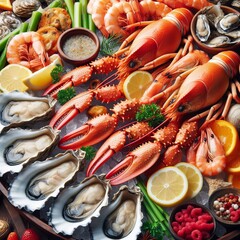 Close up of a fresh seafood platter with oysters, shrimp, and cr