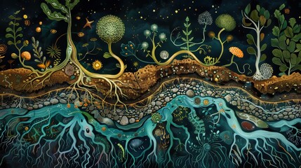 Intricate depiction of soil's ecosystem, highlighting symbiotic relationships among microorganisms, nutrients, and plant roots in a lush, detailed style
