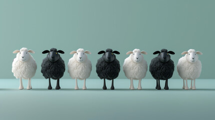 Black and white cartoon sheep standing in line on a minimal  pastel green background, studio shot. Banner with copyspace. 