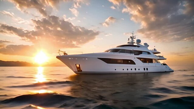 A luxury yacht sails on the calm waters of the ocean, under an extraordinary sunset, creating an unforgettable sight full of splendor.