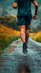 Low section of man running in water during rainy season