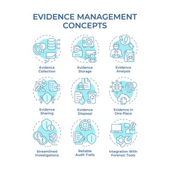 Evidence management soft blue concept icons. Forensic analysis, judicial system. Technological advancement. Icon pack. Vector images. Round shape illustrations for infographic. Abstract idea