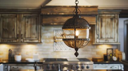 Rustic wooden pendant light with iron, brightening a country kitchen.