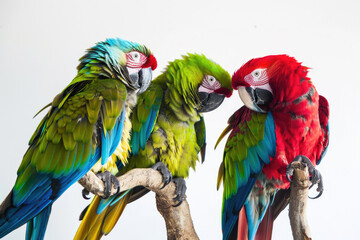 Three parrots preening peacefully