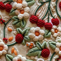 Fototapeta premium Knitted crocheted cherry seamless pattern