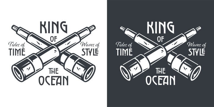 Graphical emblem denoting king of the ocean, paired with crossed spyglass or telescopes, waves, and nautical elements in a monochromatic style suitable for t-shirts, posters, and maritime themes