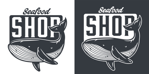 Obraz premium Vintage logo featuring a stylized whale for seafood shops, marine branding, or ocean businesses. Nautical aesthetic with a classic