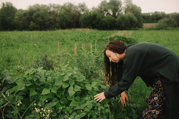 Female organic farmer rejoices over the harvest at her eco-farm. Concept green tourism, slow life, gardening, eco friendly. Part of the series