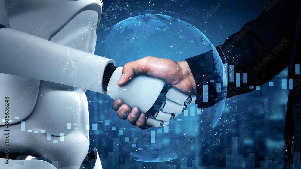 Poster mlp 3d illustration hominoid robot handshake to collaborate future technology development by ai thin