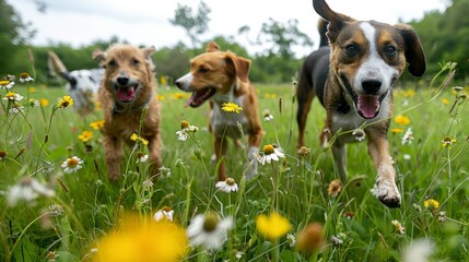 Dogs play in a field full of flowers and grass