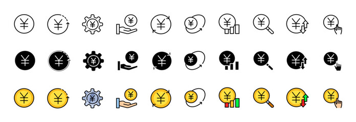 Yen money icons collection. Linear, silhouette and flat style. Vector icons