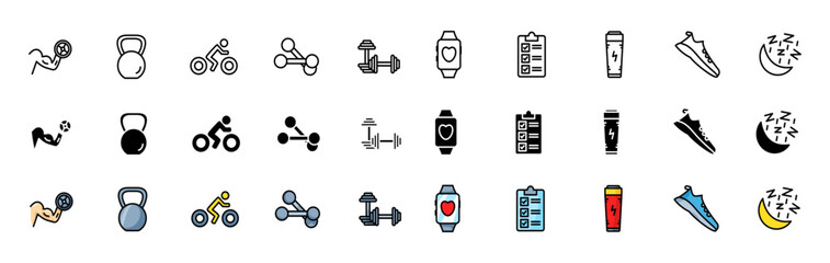 Sport icons collection. Linear, silhouette and flat style. Vector icons