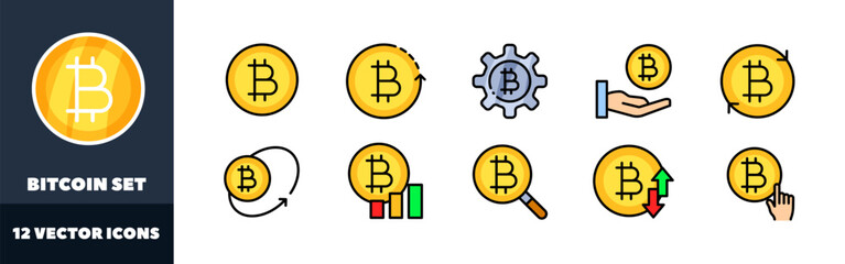 Bitcoin icons set. Trading design. Flat style. Vector icons