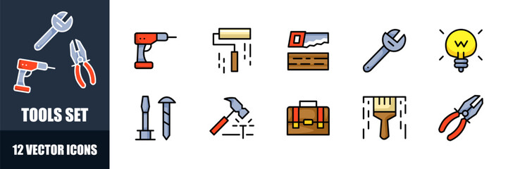 Tools icons set. Building and repair icons. Flat style. Vector icons