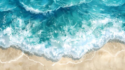 Aerial Watercolor View of Turquoise Ocean Waves Crashing onto Shore