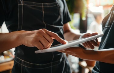 Manage Your Menu Visibility Online. An Asian female coffee shop owner using a tablet to manage online order in a cashier counter.