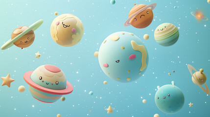 Cute Cartoon Planets with Faces Floating in a Starry Sky