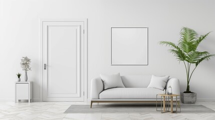 Frame mockup, cozy sofa next to room door, white blank wall,