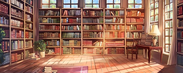 Cozy Watercolor Library Scene with Warmly Lit Bookshelves