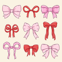 Pink bow element collection. Romantic, feminine, childish coquette hair ribbon. Outline hand drawn vector illustration.