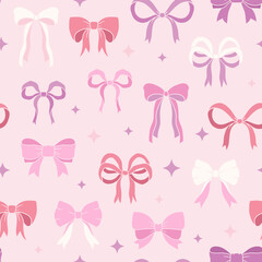 Pink bows and ribbons seamless pattern, Valentines design background, coquette core, handdrawn vector illustration