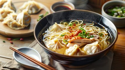 bowl of chicken noodle soup and plate of dumplings, chopsticks