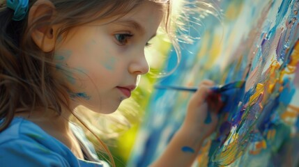 A child is joyfully creating art on a canvas with a brush, focusing on every detail like nose, cheek, eyelash, and iris, resulting in a happy smile AIG50