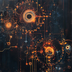 A painting of gears and wires with orange and black colors