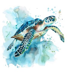 Watercolor painting of a graceful sea turtle gliding through crystal-clear waters, on isolated white background, Generative AI