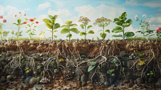 Scientifically accurate portrayal of bioactive soil, focusing on microbial processes and nutrient cycles among organic residues and root systems