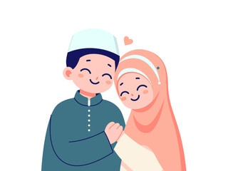 Muslim Matrimony Simple Flat Modern Hand Drawn Illustration Of Cartoon Wedding Couple With Hugging Pose