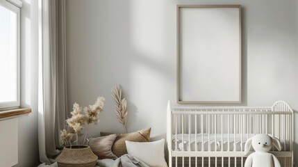 Scandinavian style nursery room with minimalist decor, bright atmosphere and an empty frame for mockups, neutral palette