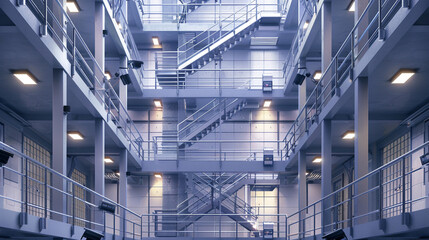 High-security staircase with gates, continuously watched by surveillance cameras and guarded at every level.