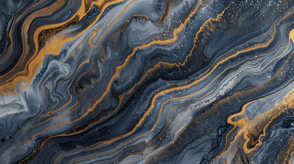 Abstract liquid marble floor with golden, brown, and dark grey and dark blue colors. Top view.