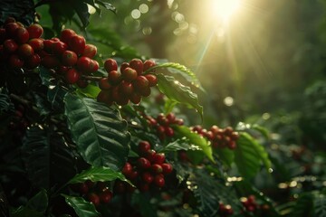 lots of coffee fruit trees, red ripe fruit in the forest