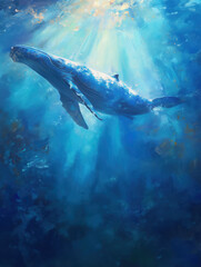 Fototapeta premium Whale in Blue Sky and Ocean Landscape Decorative Painting, Artistic and Simple Stress-Reducing Hand-Drawn Sea Minimalist Art for Living Rooms, Bedrooms, and Dining Rooms.