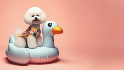 Funny dog wearing summer fashion with rubber ring on pastel background. Summer Vacation Concept.
