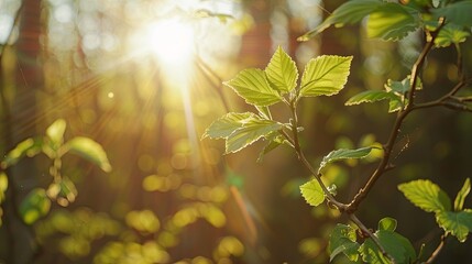 green leaves on a branch in the rays of the sun in the forest