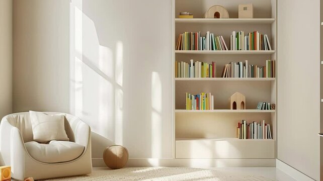 Interior of study room for kids with bookshelf, books, sofa, carpet, and toys. Cozy place to study and play, minimalist modern room. 
